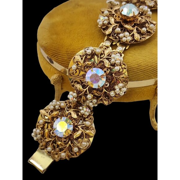 Elaborate Vintage Pearl and Rhinestone Filigree Bracelet (A4880) - Picture 5 of 7